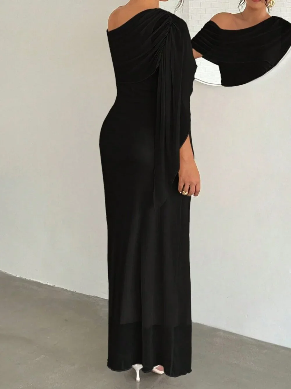 Black Elegant Women's Slim Fit Ruched Asymmetric High Waisted Long Pencil Dress